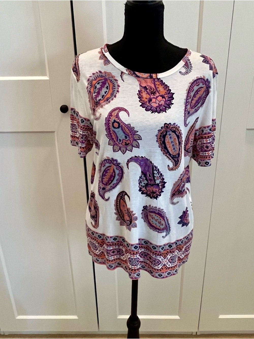 Tory Burch White Short Sleeve Paisley Tee with Purple and Pink Accents